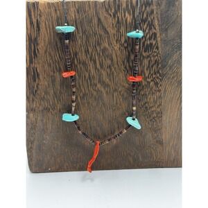 Vintage Southwest Liquid Silver Sterling Coral Turquoise Tube Bead Necklace 22"